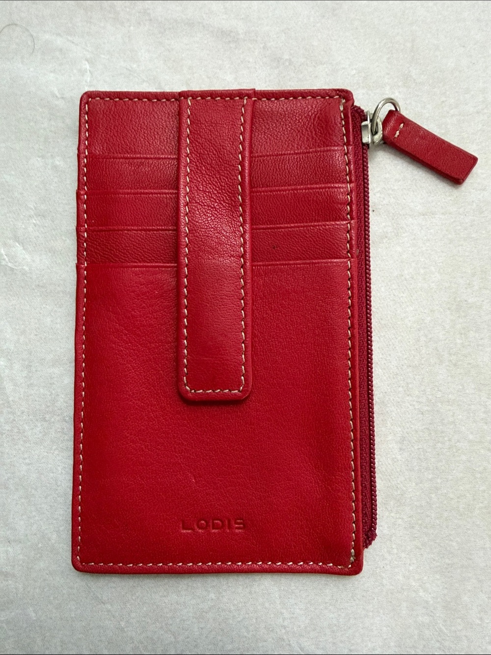 Lodis Red Leather Slim Card Wallet with Zip Closure